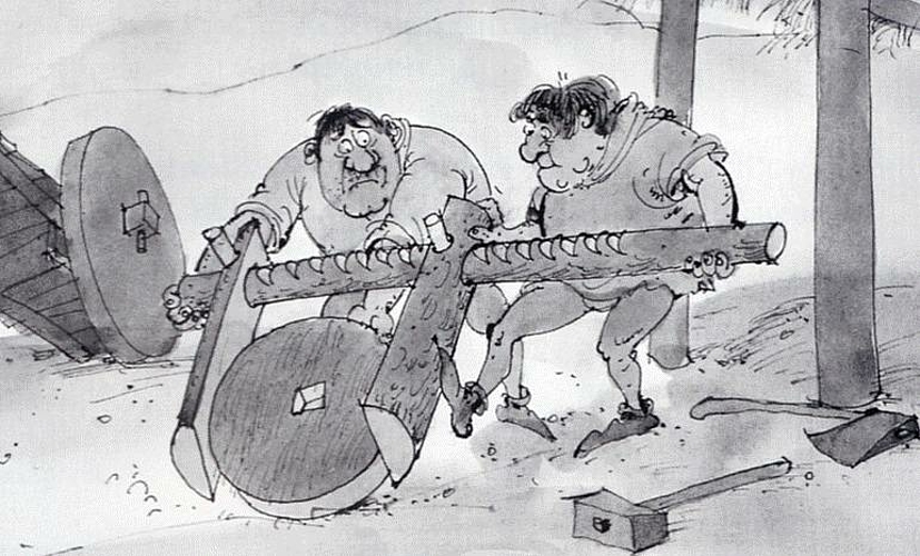 Comiczeichnung; zwei Männer vermessen etwas unbeholfen mit einer selbstgebauten Messlatte aus Holz ein Wagenrad